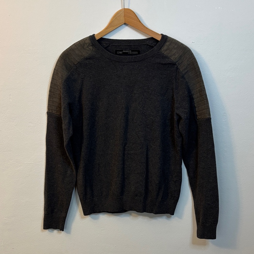 All Saints Women’s‎ Size 8 Sierre Crewneck Sweater Suede Patches Gray